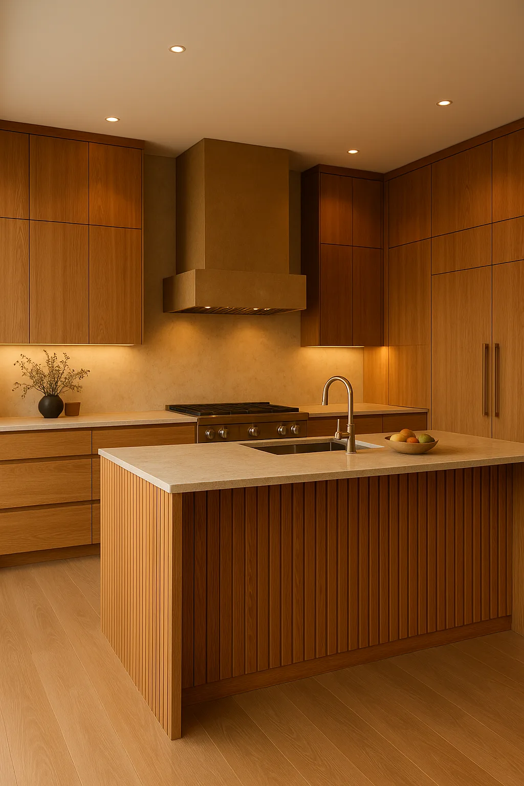 Contemporary kitchen with handleless cabinetry, integrated appliance panels, and warm wood island