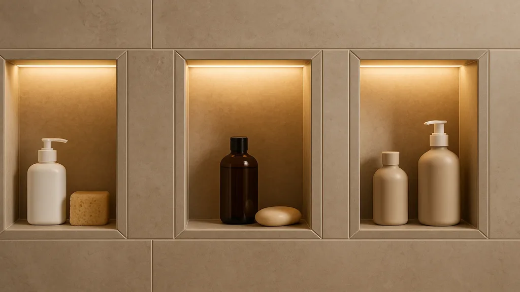 Custom-tiled shower niche with accent tile and LED lighting in a luxury bathroom