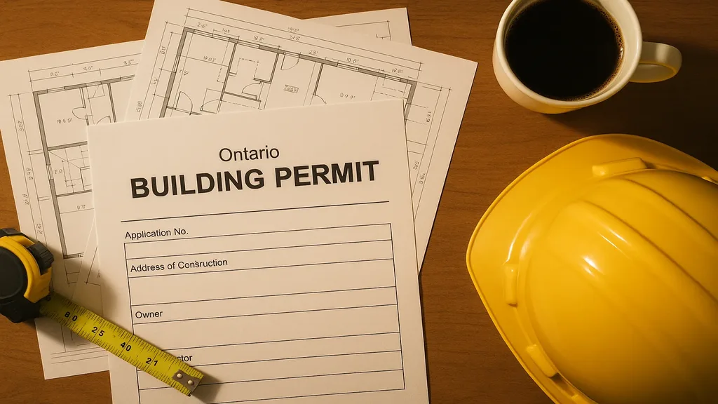 Ontario building permit documents and construction plans on a contractor's desk