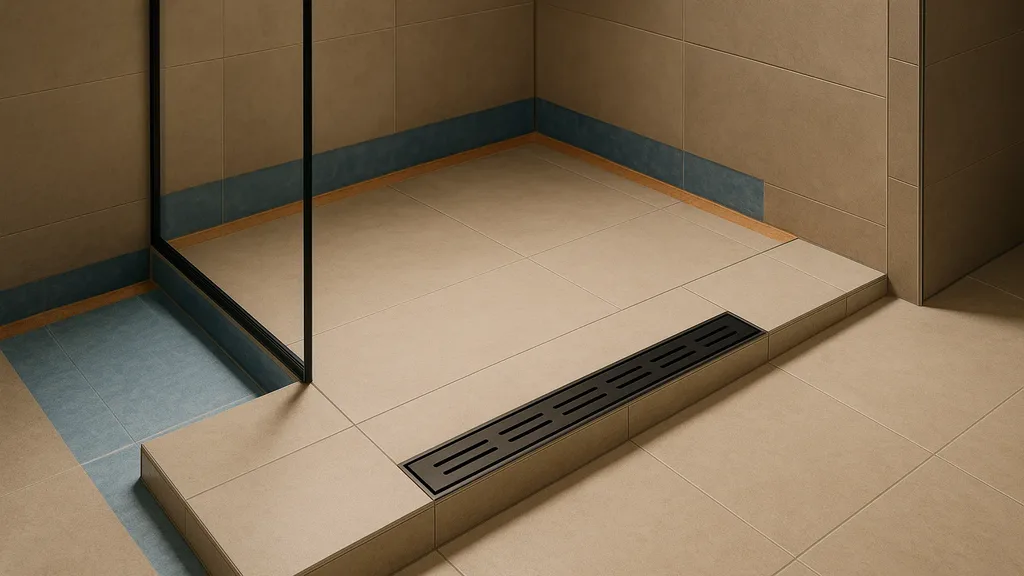Curbless walk-in shower with linear drain, large-format tile, and frameless glass panel