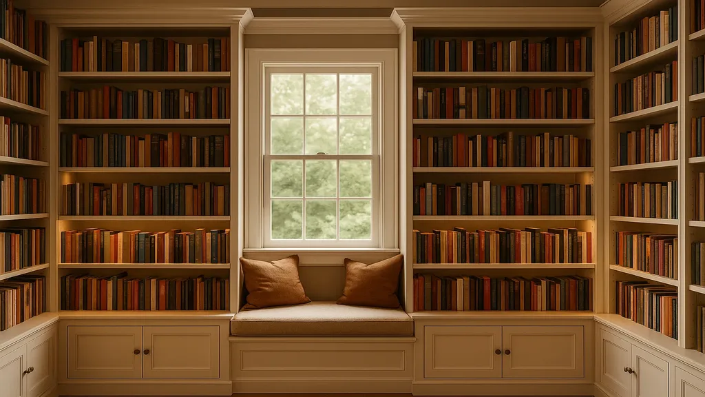 Floor-to-ceiling custom built-in bookshelves and entertainment unit in a living room