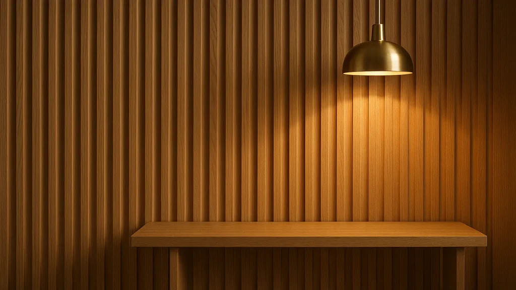 Fluted wood panelling on a kitchen island with champagne gold hardware