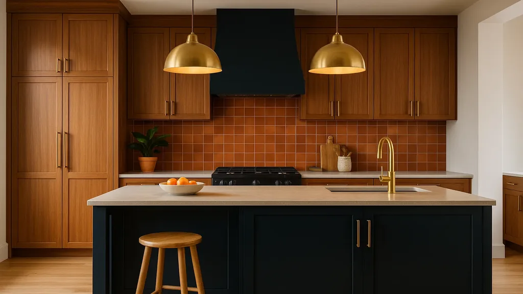Warm-toned modern kitchen with natural wood cabinets and cream countertops