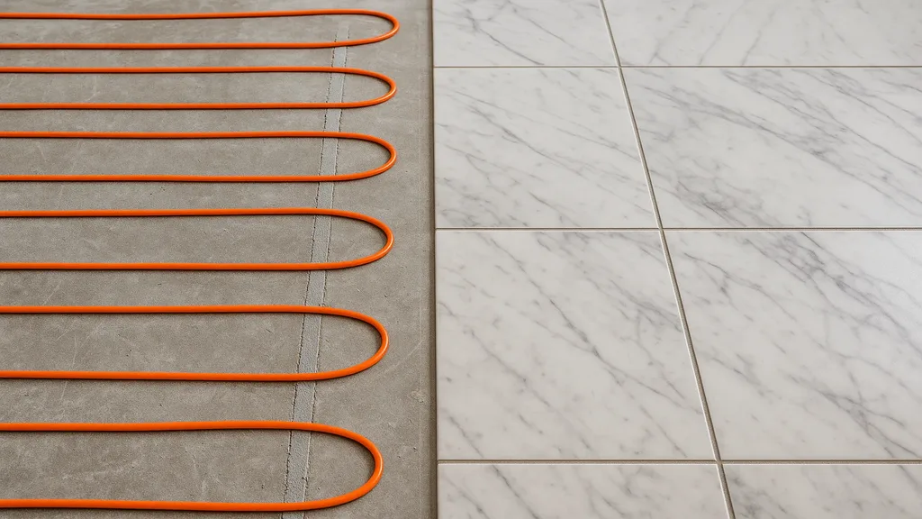 Electric radiant heating mat being installed under tile flooring in a bathroom renovation