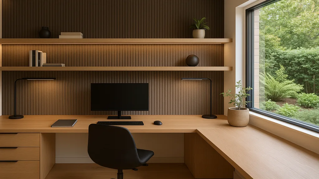 Custom-designed home office with built-in desk, shelving, and natural light