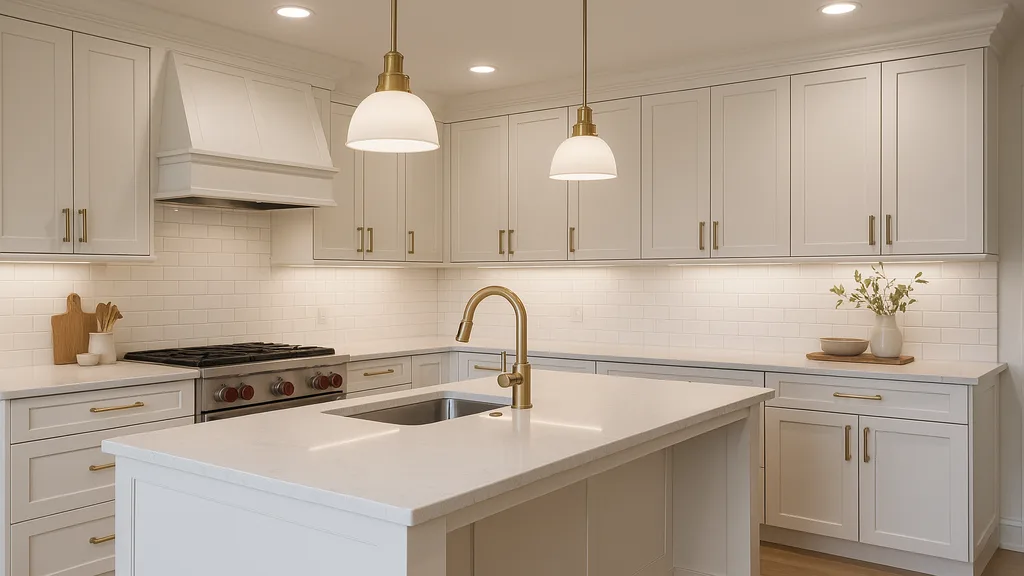 Well-designed modern kitchen renovation in Niagara with layered lighting, proportioned island, and coordinated hardware finishes