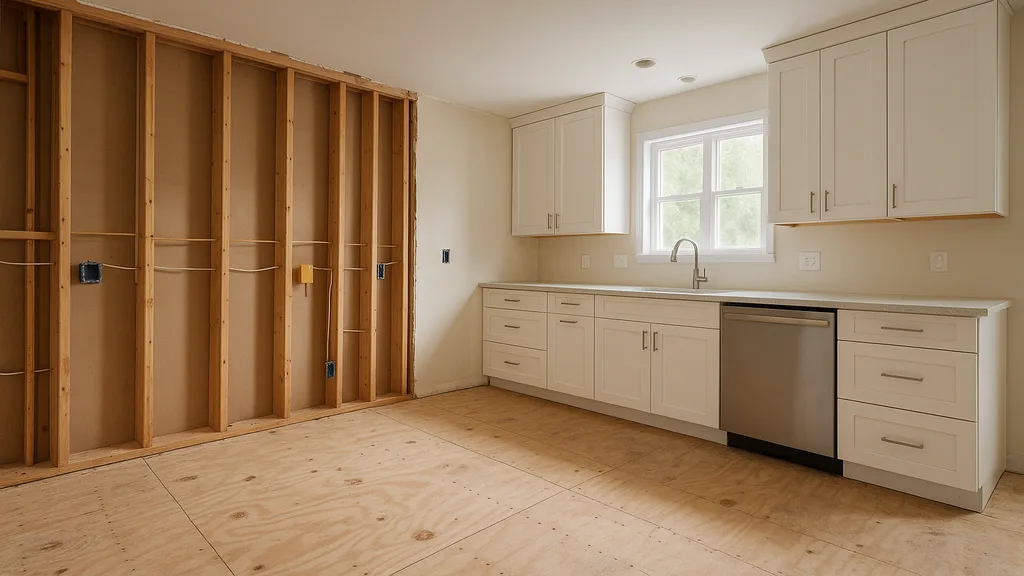 Completed luxury kitchen renovation showing custom cabinetry, quartz countertops, and herringbone backsplash