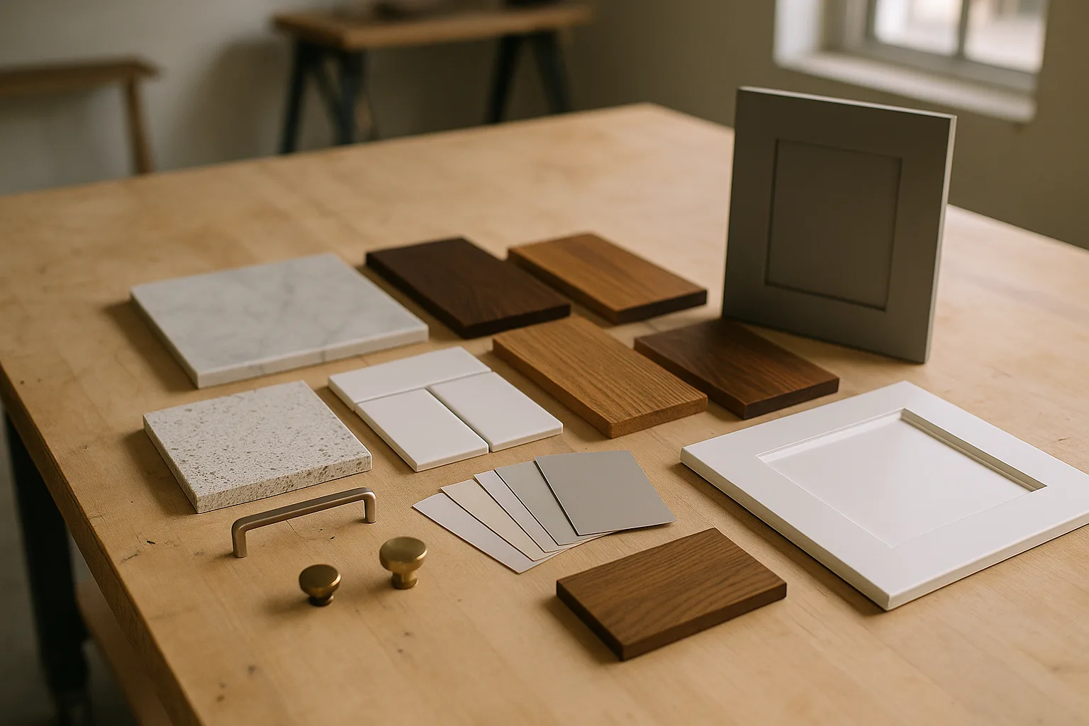 Material selection board with tile samples, countertop swatches, and cabinet finishes for a Niagara home renovation project