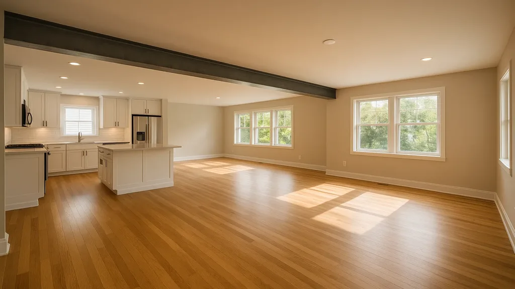 Open-concept kitchen and living area created by removing a load-bearing wall with an engineered beam