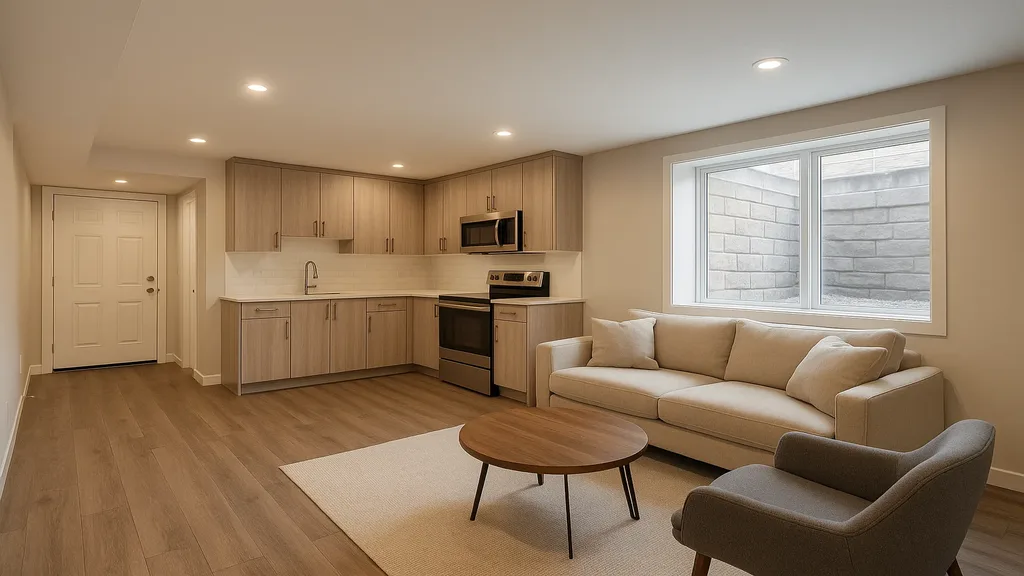 Modern finished basement secondary suite with kitchen, living area and separate entrance