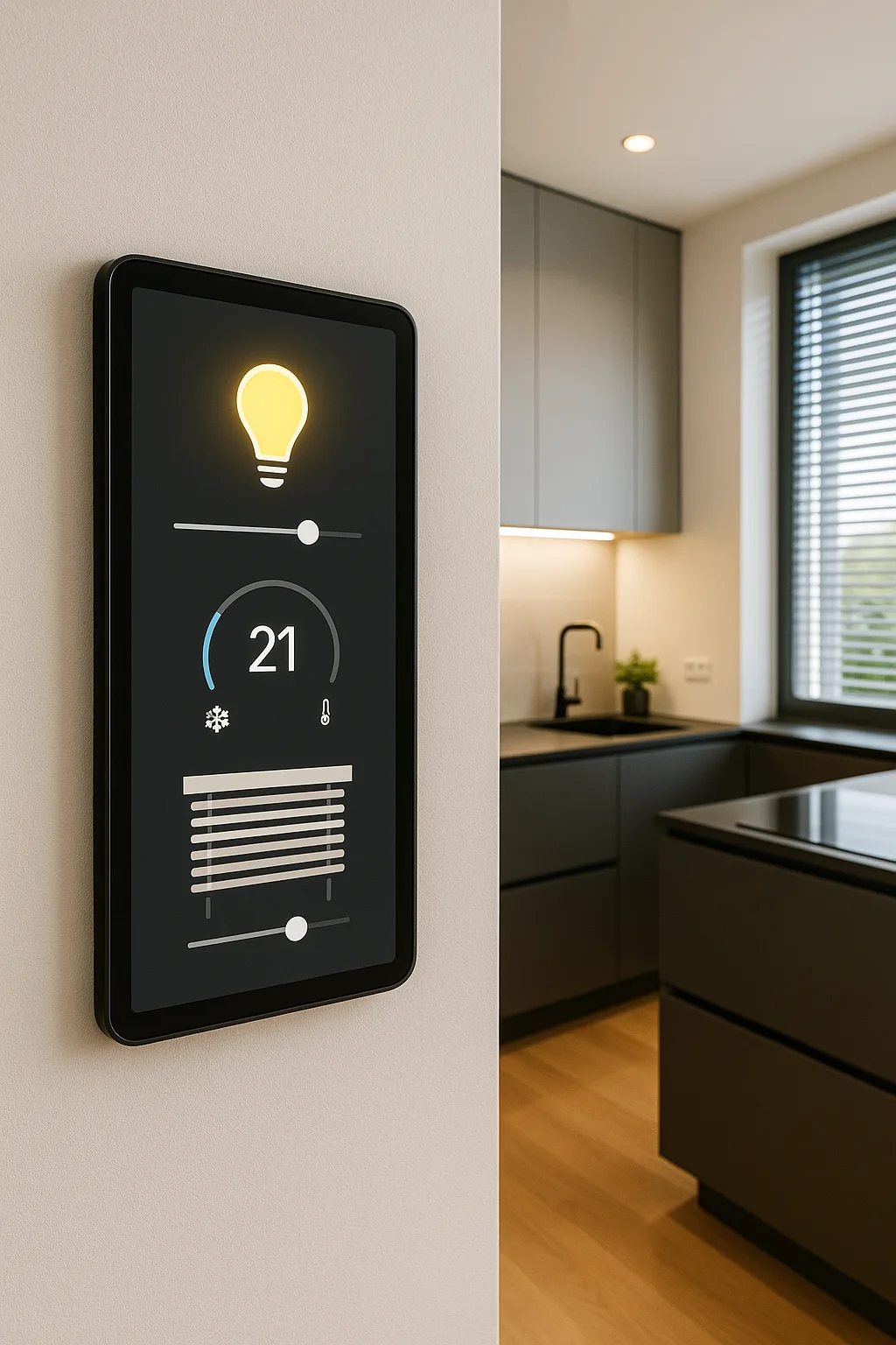 Smart home control panel and integrated lighting system in a modern kitchen
