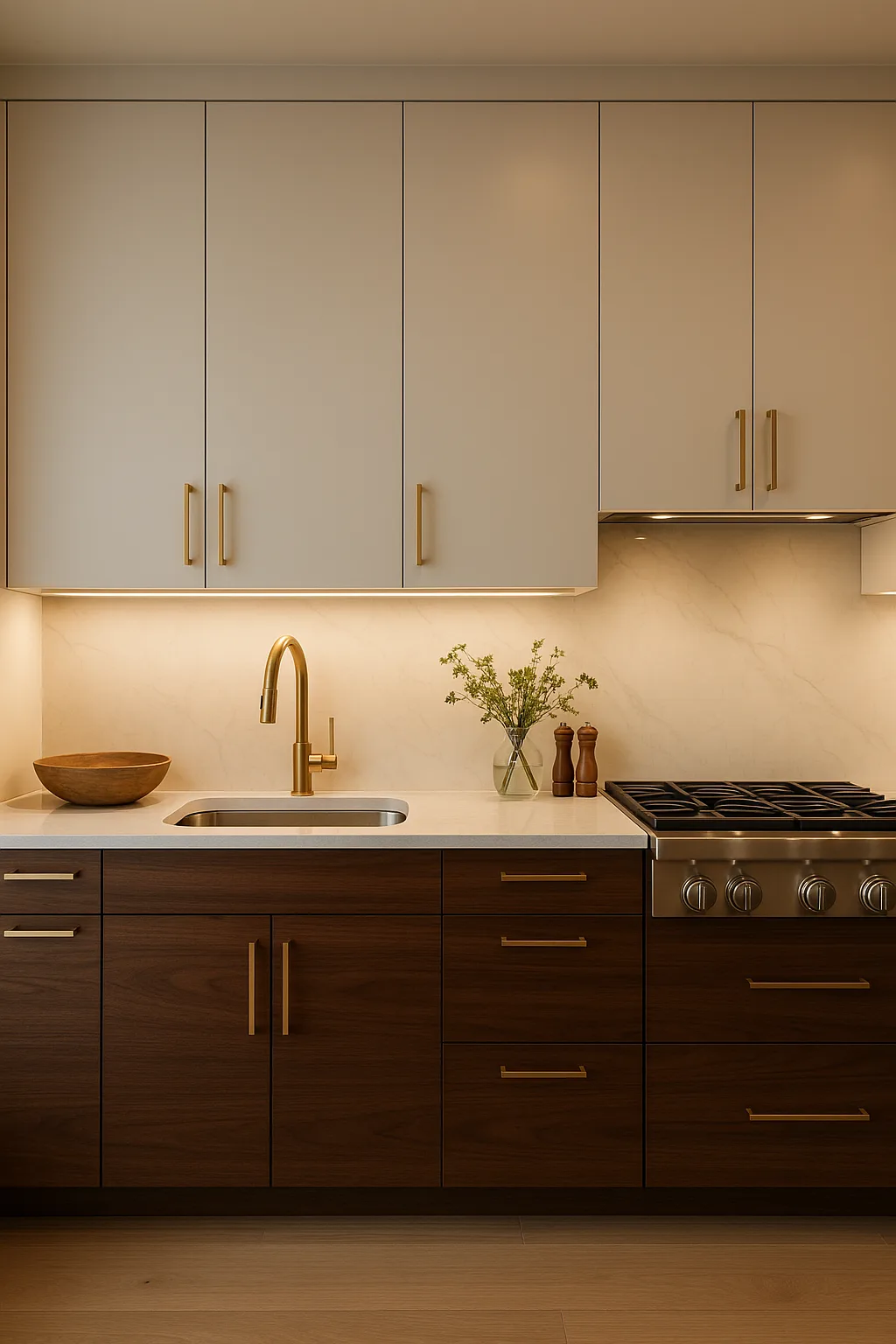 Two-toned kitchen with white upper cabinets and warm walnut lower cabinets